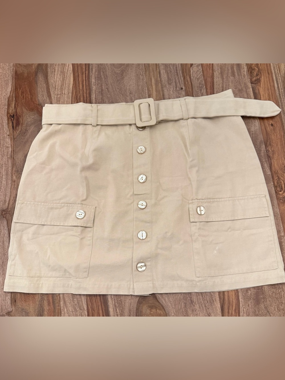 INSPR-D BY TEZZA Button-Front Beige Utility Mini Skirt with Belt